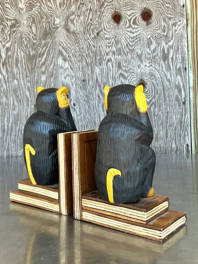 Vintage Boho Carved Wood Monkey Bookends - A Pair — additional photo 2