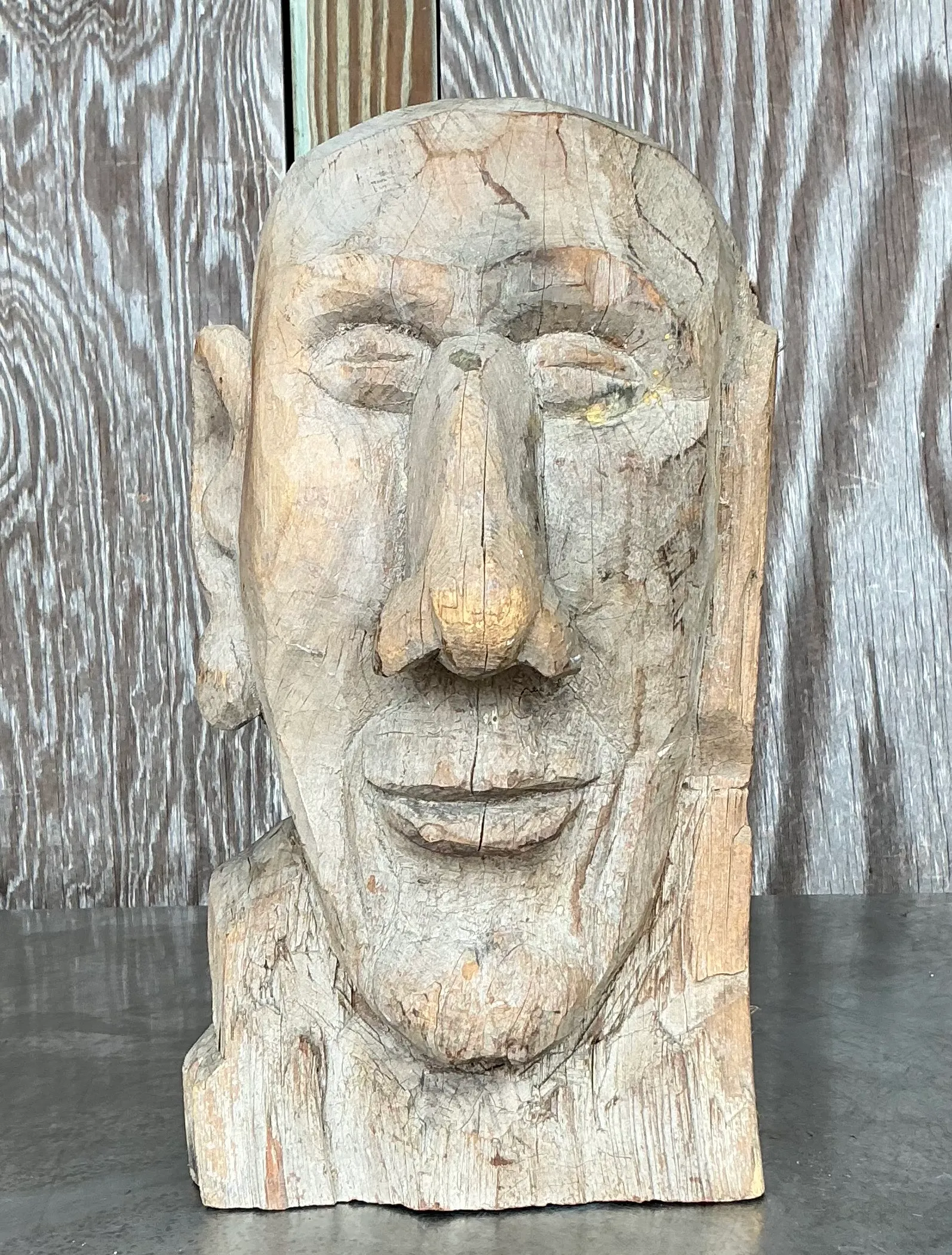 Vintage Boho Carved Wooden Bust of Man — additional photo 3