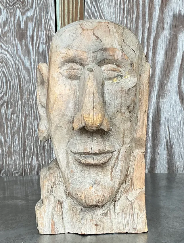 Vintage Boho Carved Wooden Bust of Man — additional photo 3