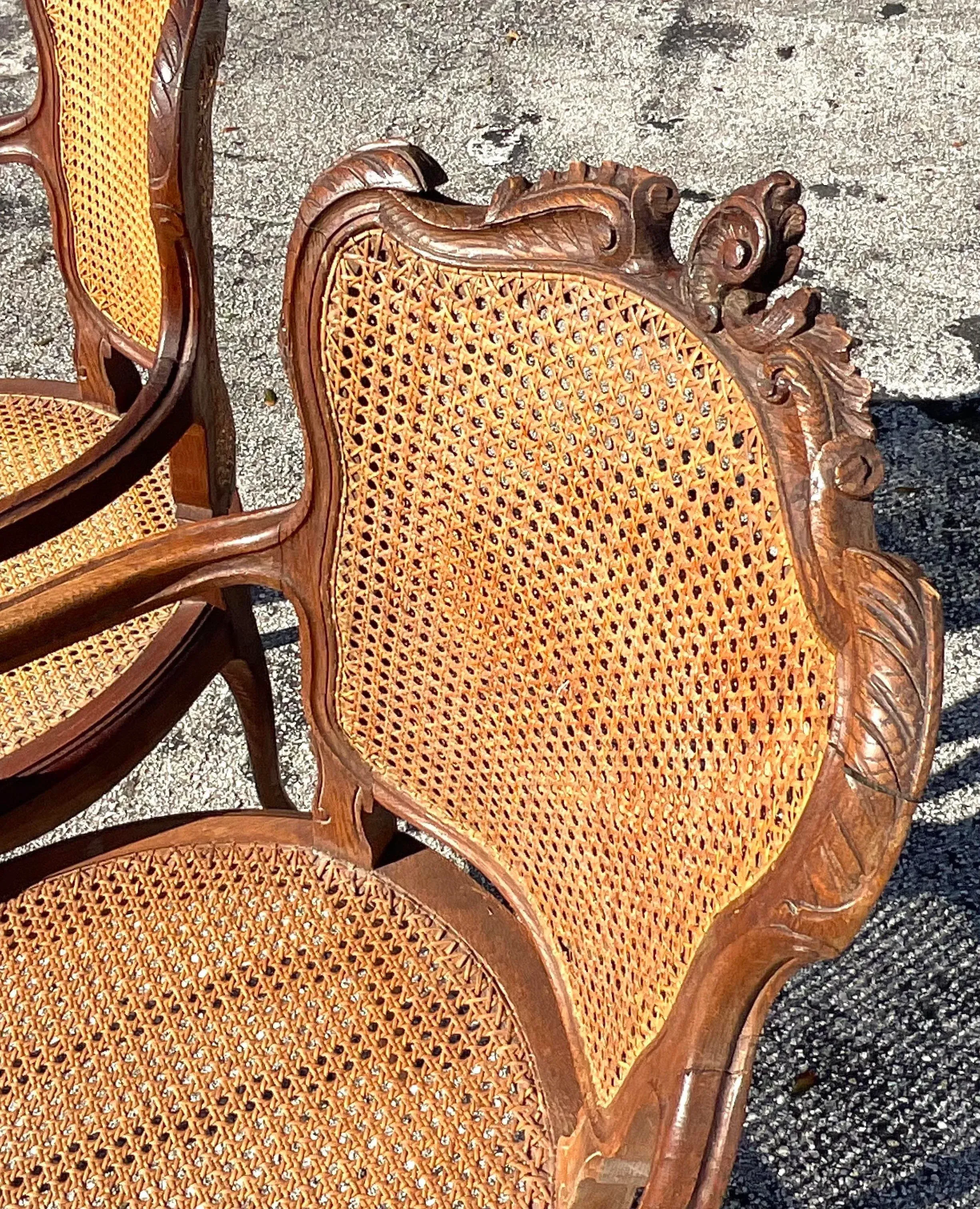 Vintage Boho Carved Wooden Chairs With Inset Cane Panels - a Pair — additional photo 1
