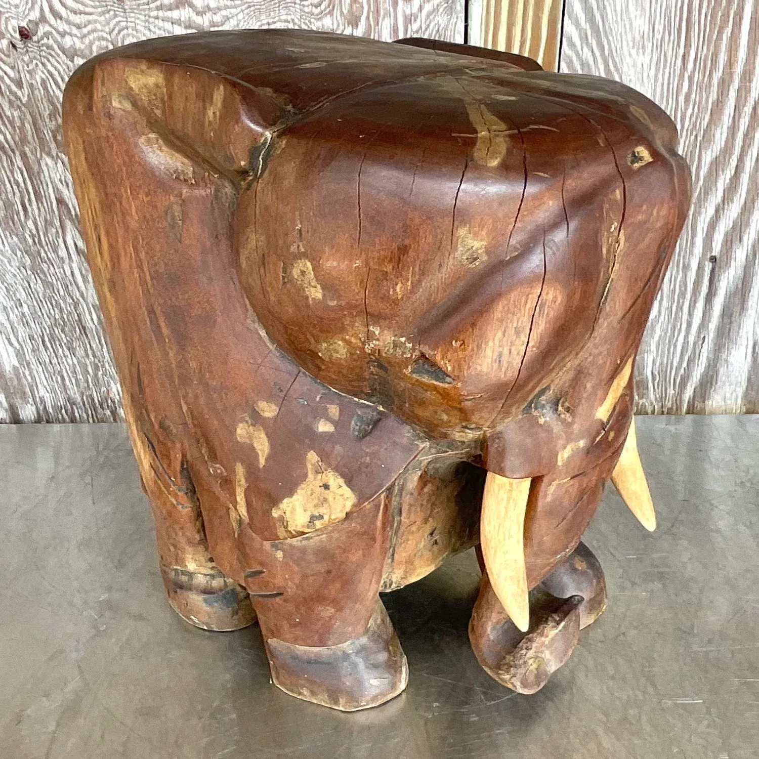 Vintage Boho Carved Wooden Elephant Low Stool — additional photo 1