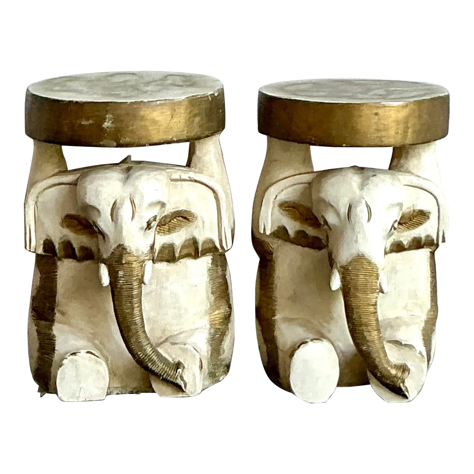 Vintage Boho Carved Wooden Elephant Low Stool - A Pair — additional photo 1