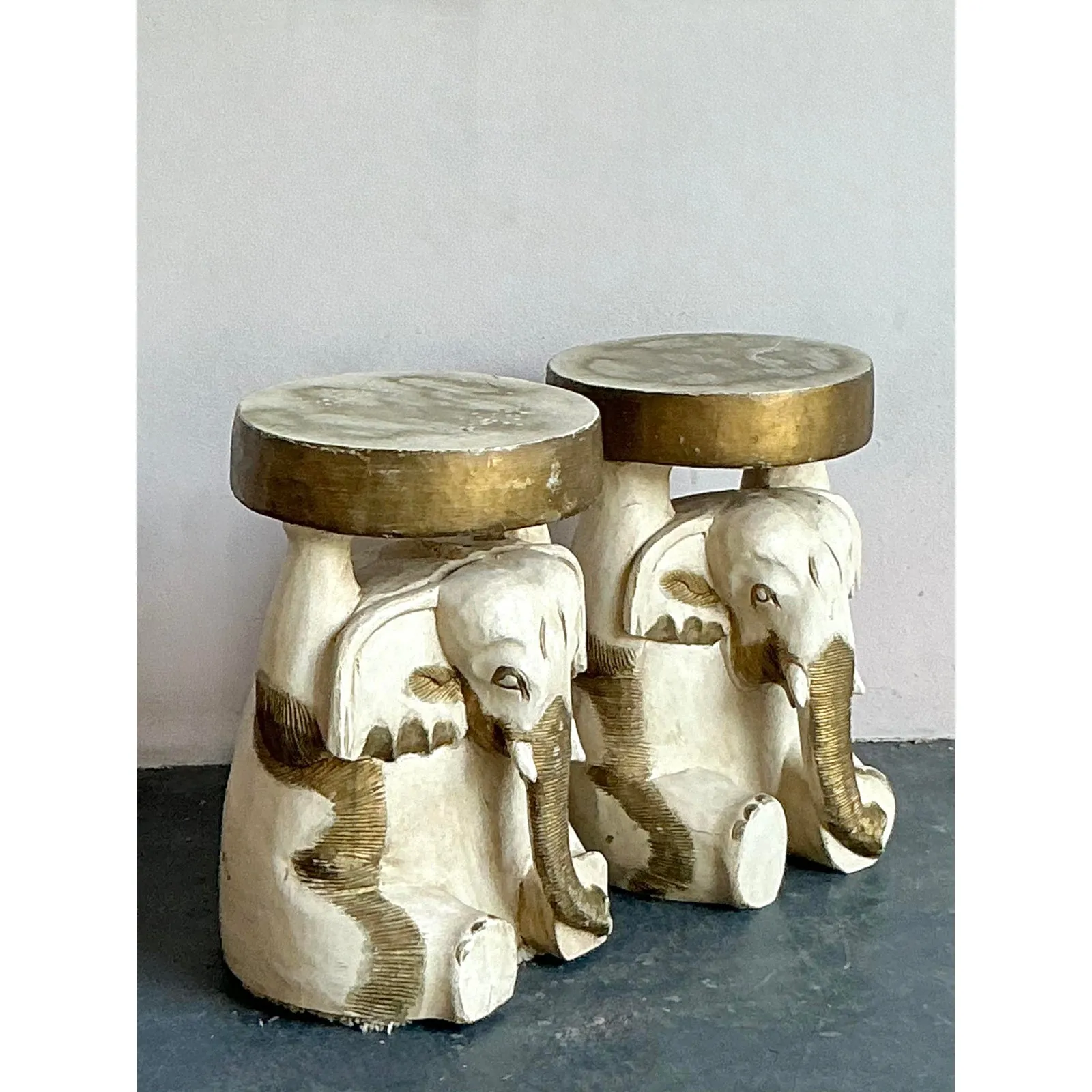 Vintage Boho Carved Wooden Elephant Low Stool - A Pair — additional photo 2