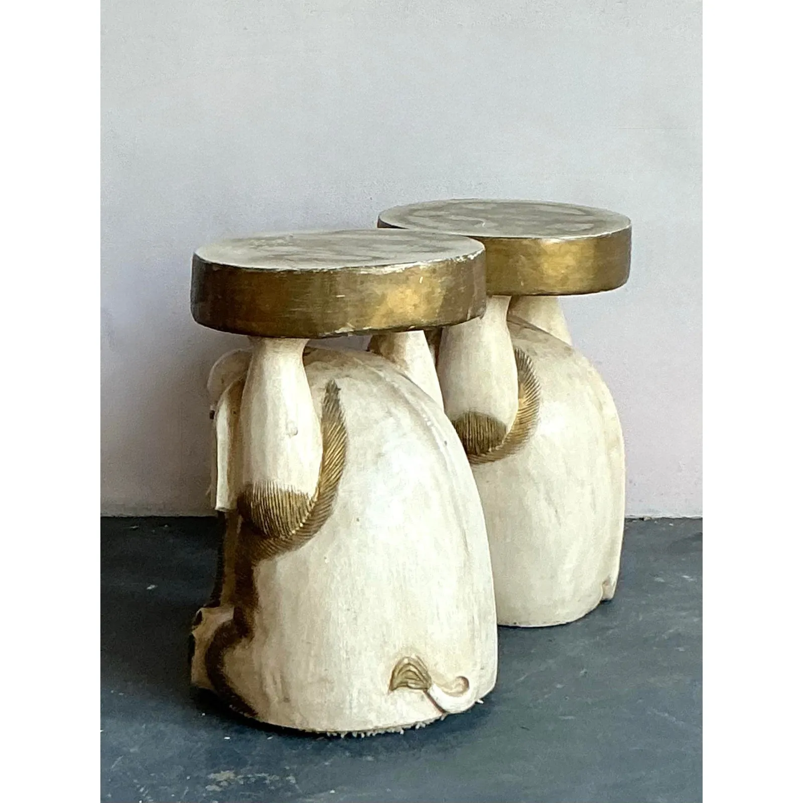 Vintage Boho Carved Wooden Elephant Low Stool - A Pair — additional photo 3