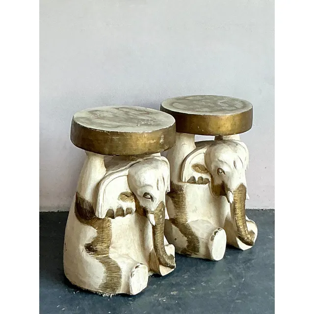Vintage Boho Carved Wooden Elephant Low Stool - A Pair — additional photo 5