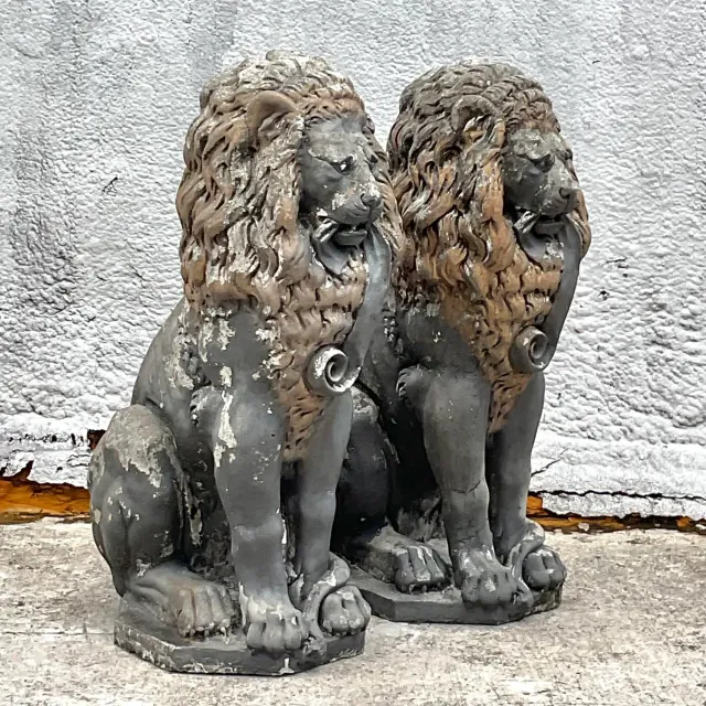 Vintage Boho Cast Concrete Lion Statues - a Pair — additional photo 4