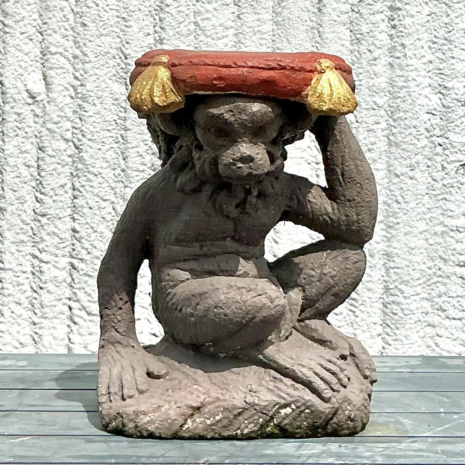 Vintage Boho Cast Concrete Monkey Low Stool — additional photo 2