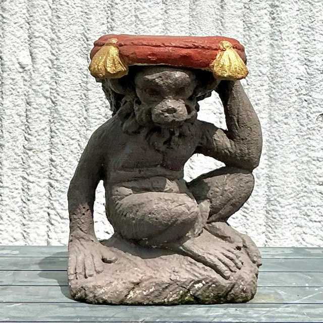 Vintage Boho Cast Concrete Monkey Low Stool — additional photo 2