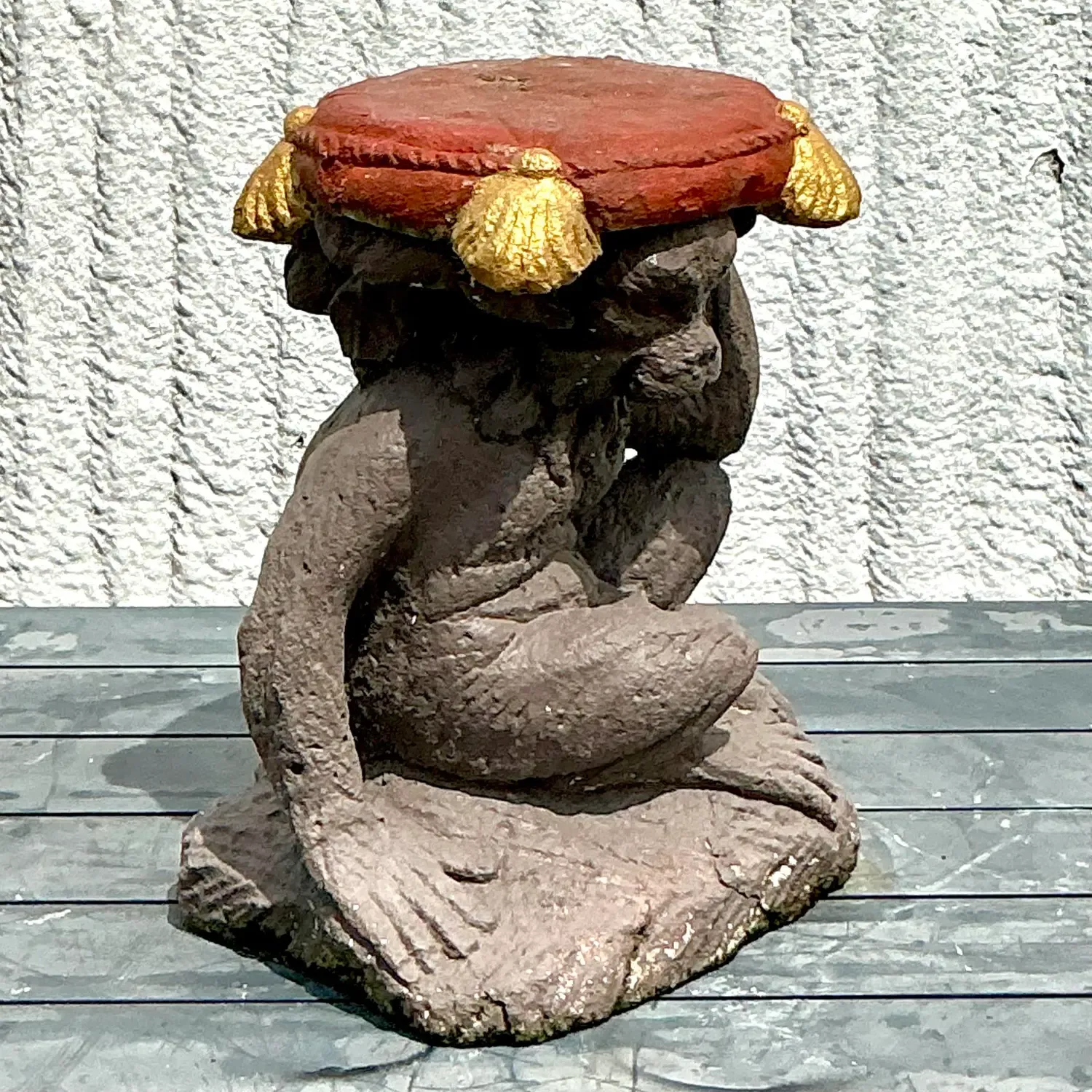 Vintage Boho Cast Concrete Monkey Low Stool — additional photo 4