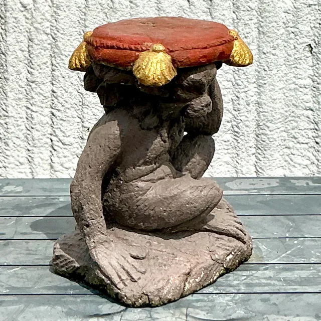 Vintage Boho Cast Concrete Monkey Low Stool — additional photo 4