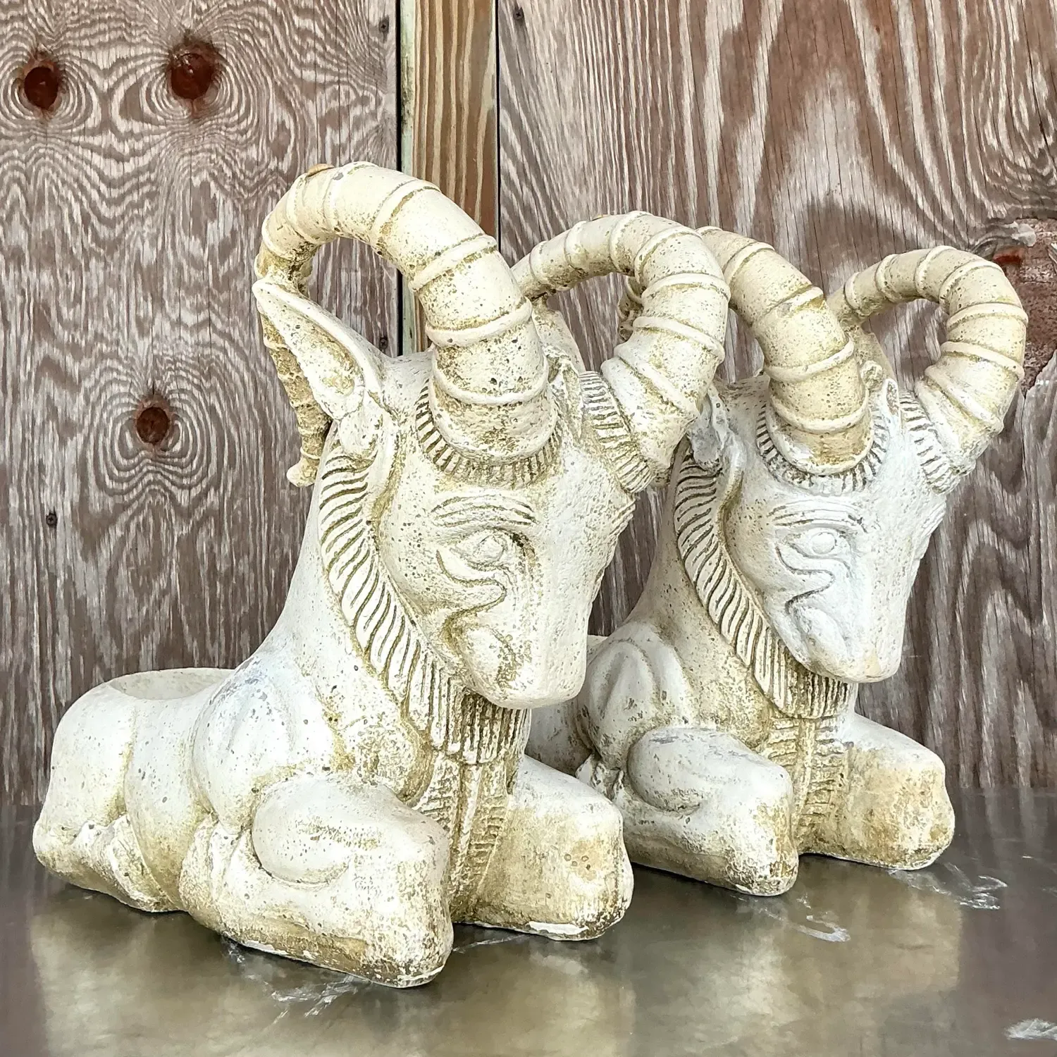 Vintage Boho Cement Rams Head Planters - a Pair — additional photo 4
