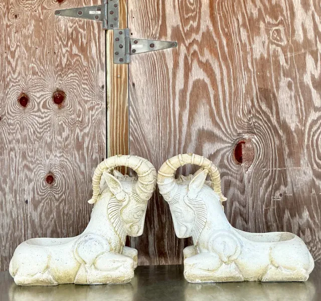 Vintage Boho Cement Rams Head Planters - a Pair — additional photo 5