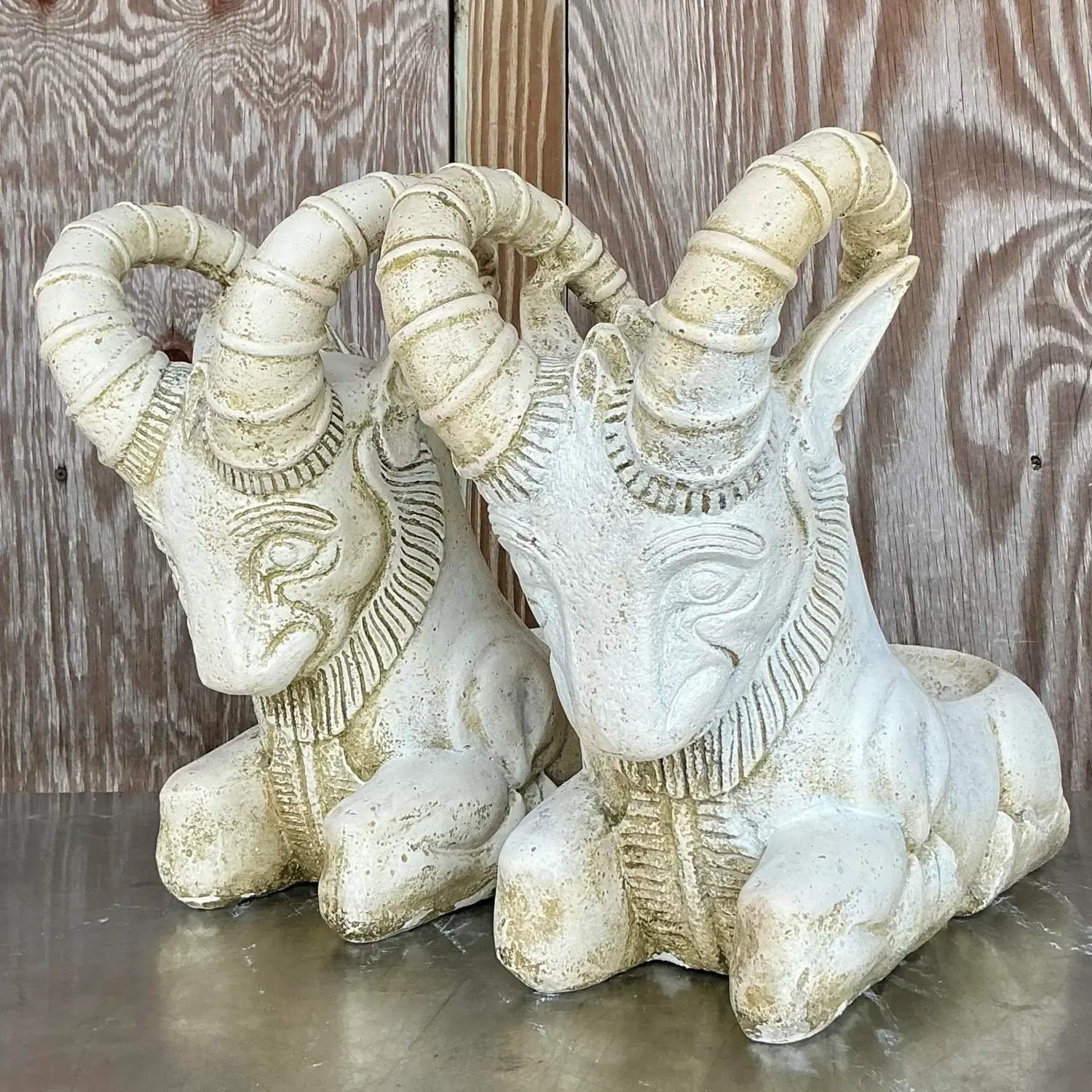 Vintage Boho Cement Rams Head Planters - a Pair — additional photo 8