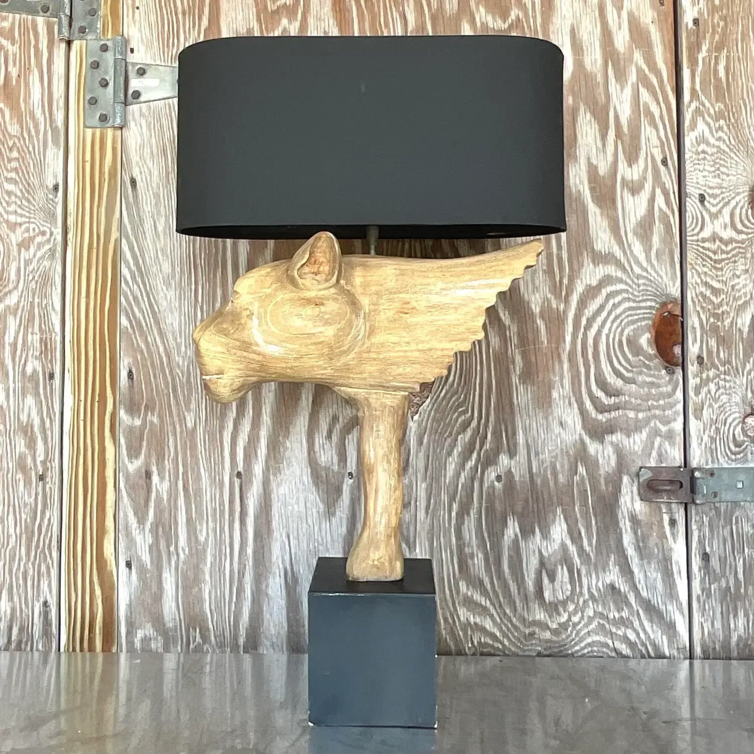 Vintage Boho Cerused Wood Winged Lion’s Head Lamp — additional photo 1