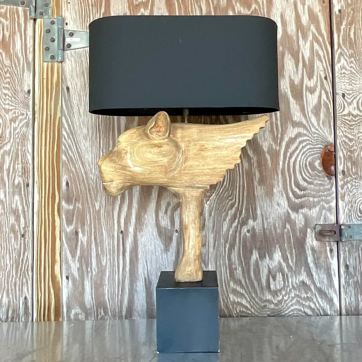 Vintage Boho Cerused Wood Winged Lion’s Head Lamp — additional photo 3
