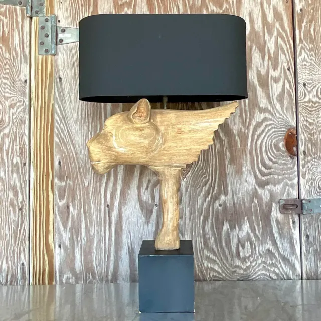Vintage Boho Cerused Wood Winged Lion’s Head Lamp — additional photo 3