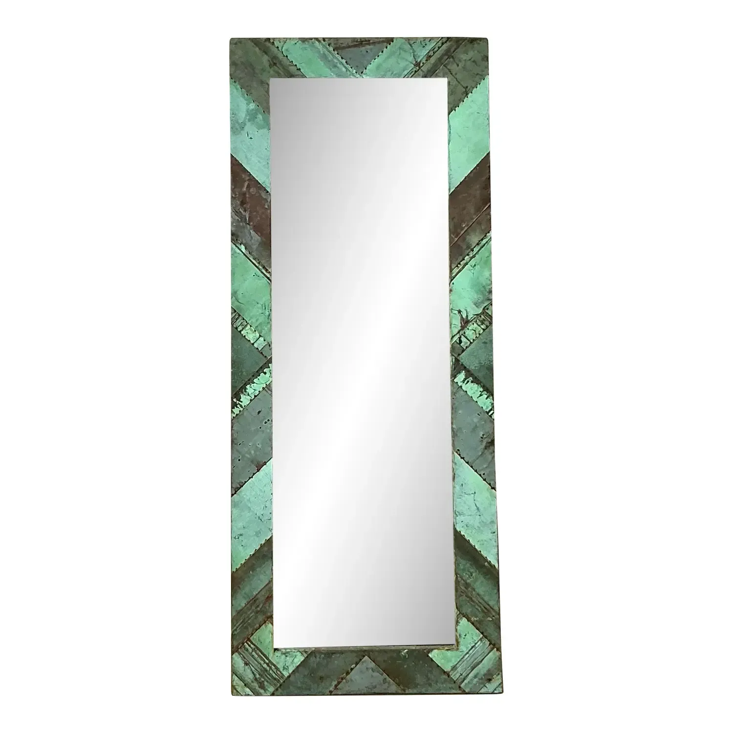 Vintage Boho Chevron Verdigris Copper Floor Mirror — additional photo 1