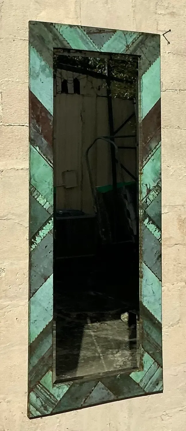 Vintage Boho Chevron Verdigris Copper Floor Mirror — additional photo 2