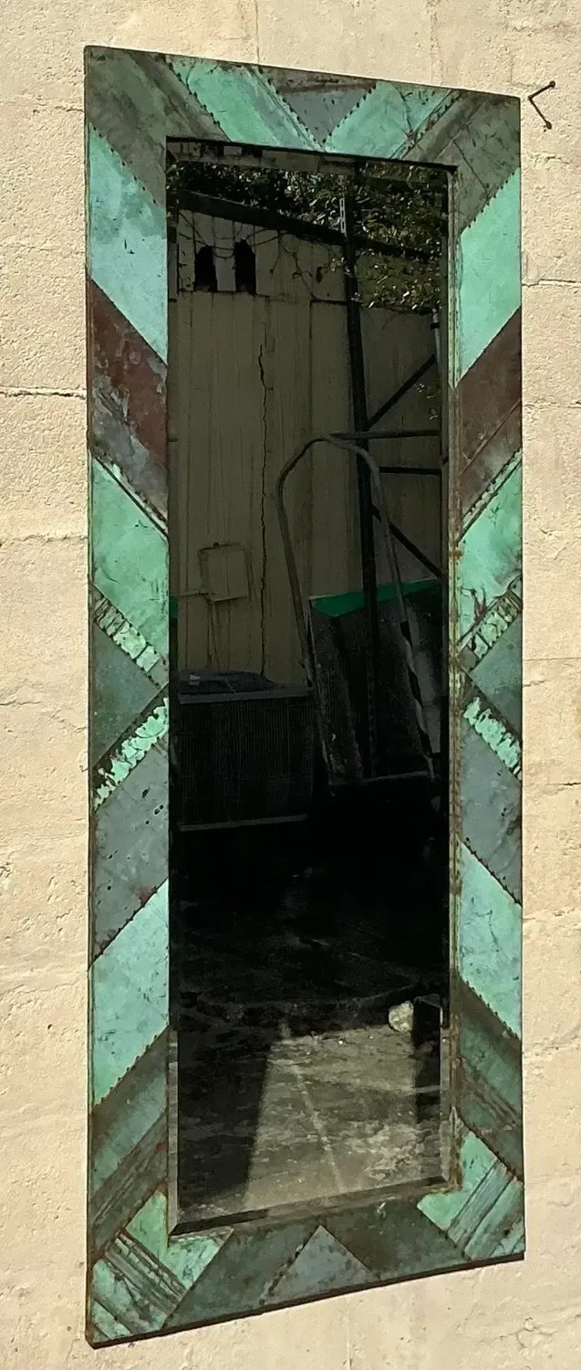 Vintage Boho Chevron Verdigris Copper Floor Mirror — additional photo 3