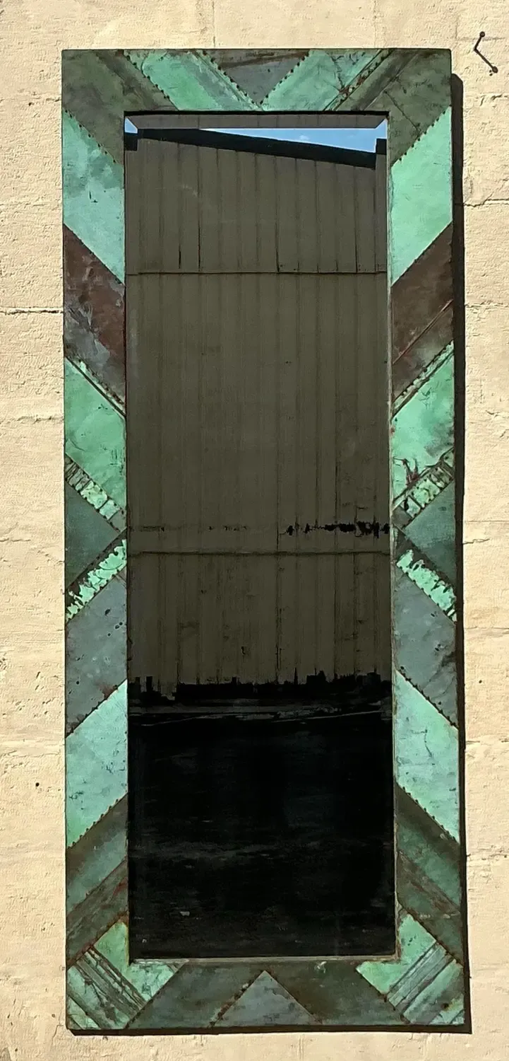 Vintage Boho Chevron Verdigris Copper Floor Mirror — additional photo 5