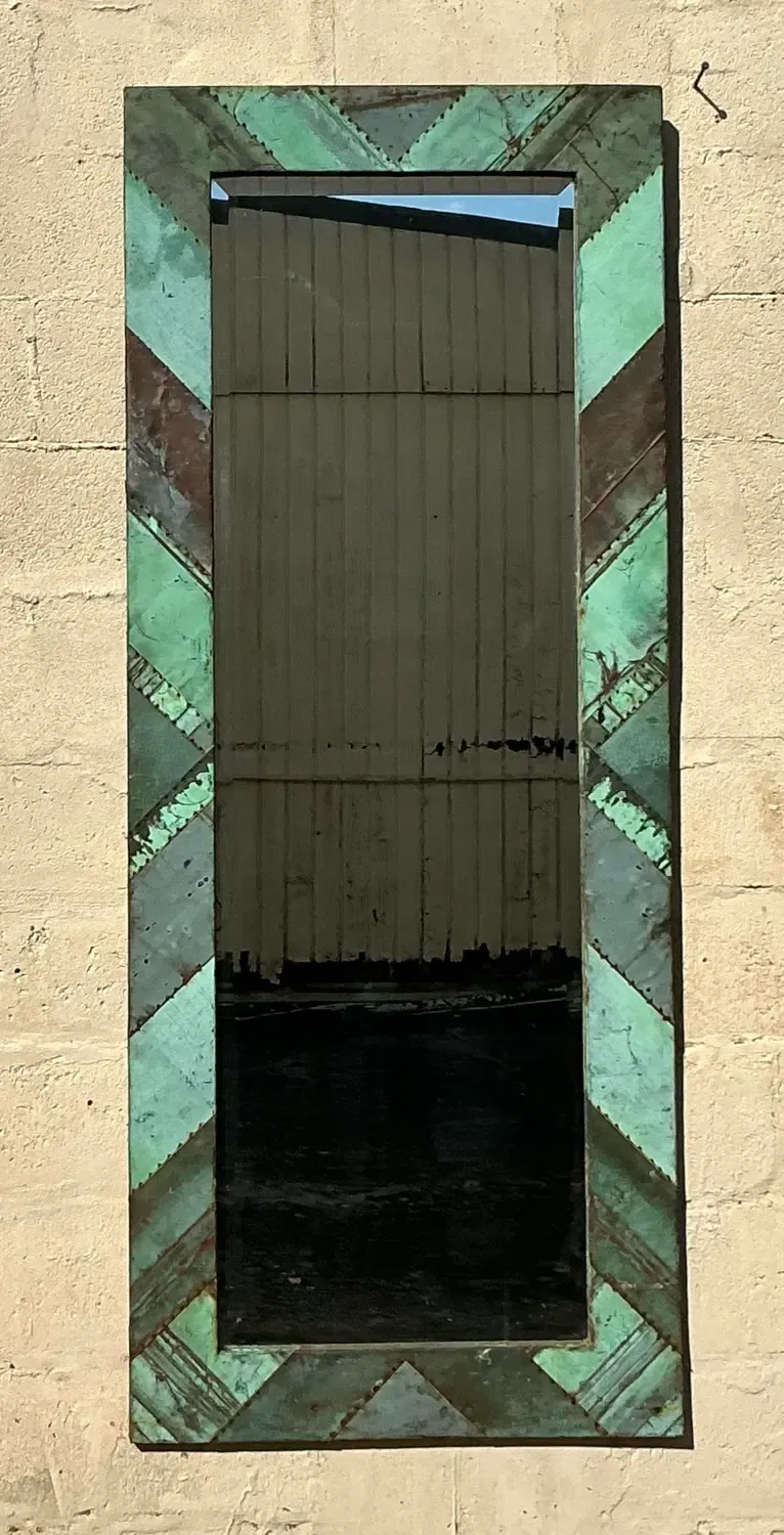 Vintage Boho Chevron Verdigris Copper Floor Mirror — additional photo 6