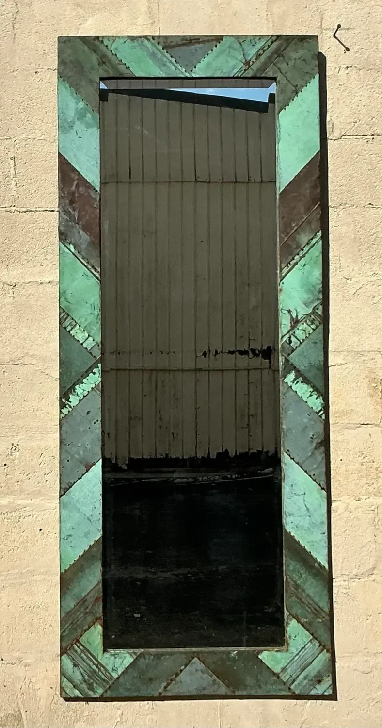 Vintage Boho Chevron Verdigris Copper Floor Mirror — additional photo 7