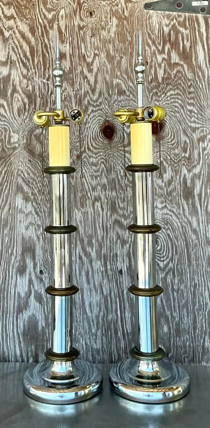 Vintage Boho Chrome and Brass Pillar - A Pair