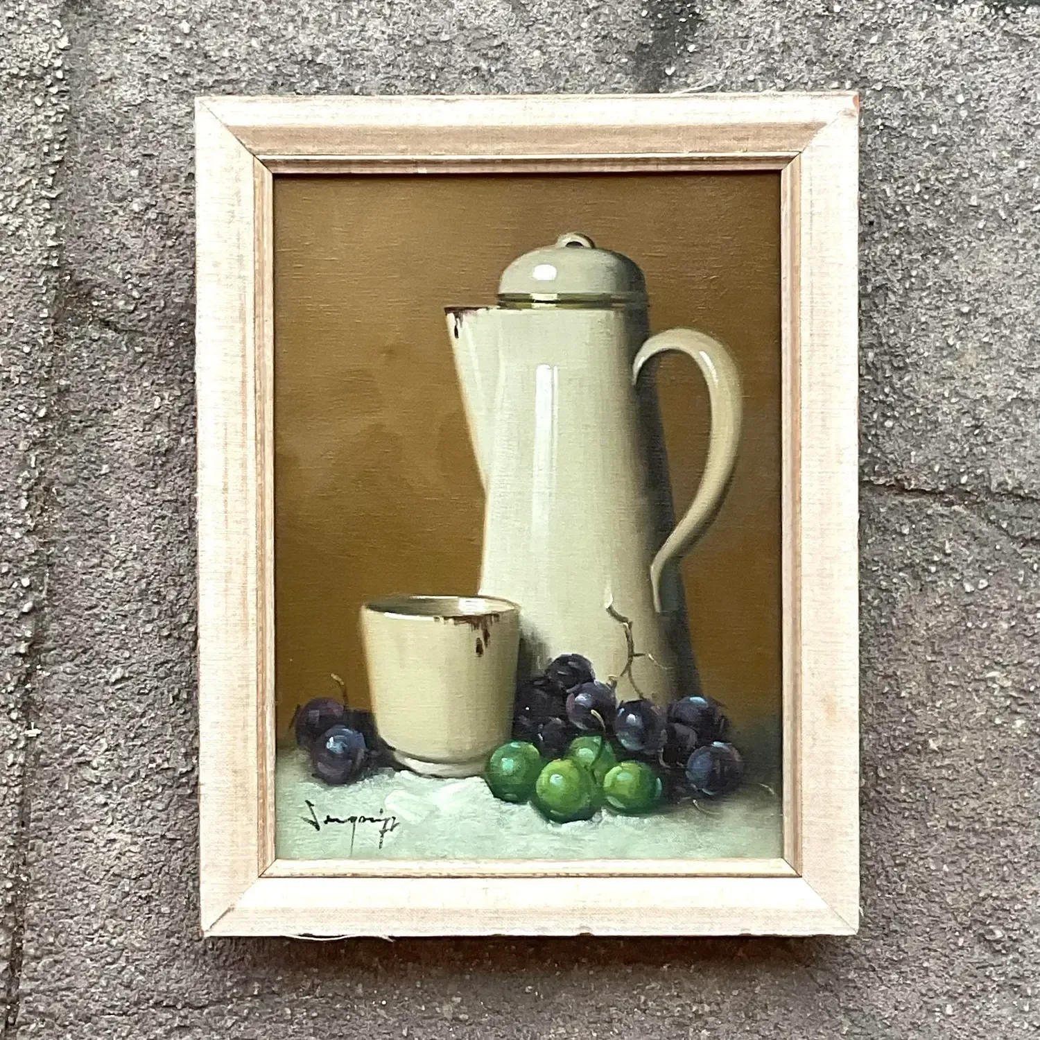Vintage Boho Coffee Pot Still Life Original Oil on Canvas Painting — additional photo 2