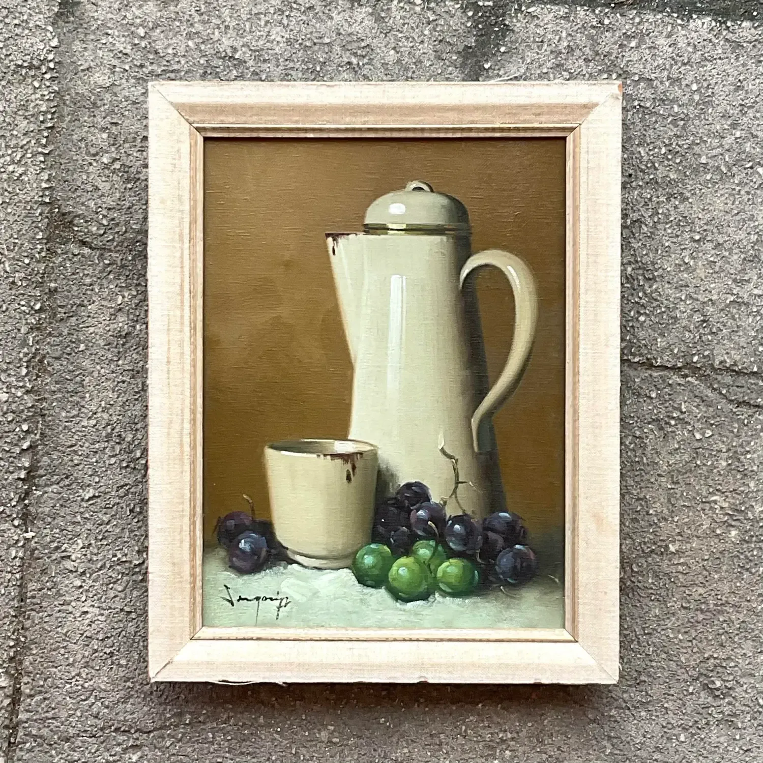 Vintage Boho Coffee Pot Still Life Original Oil on Canvas Painting — additional photo 3
