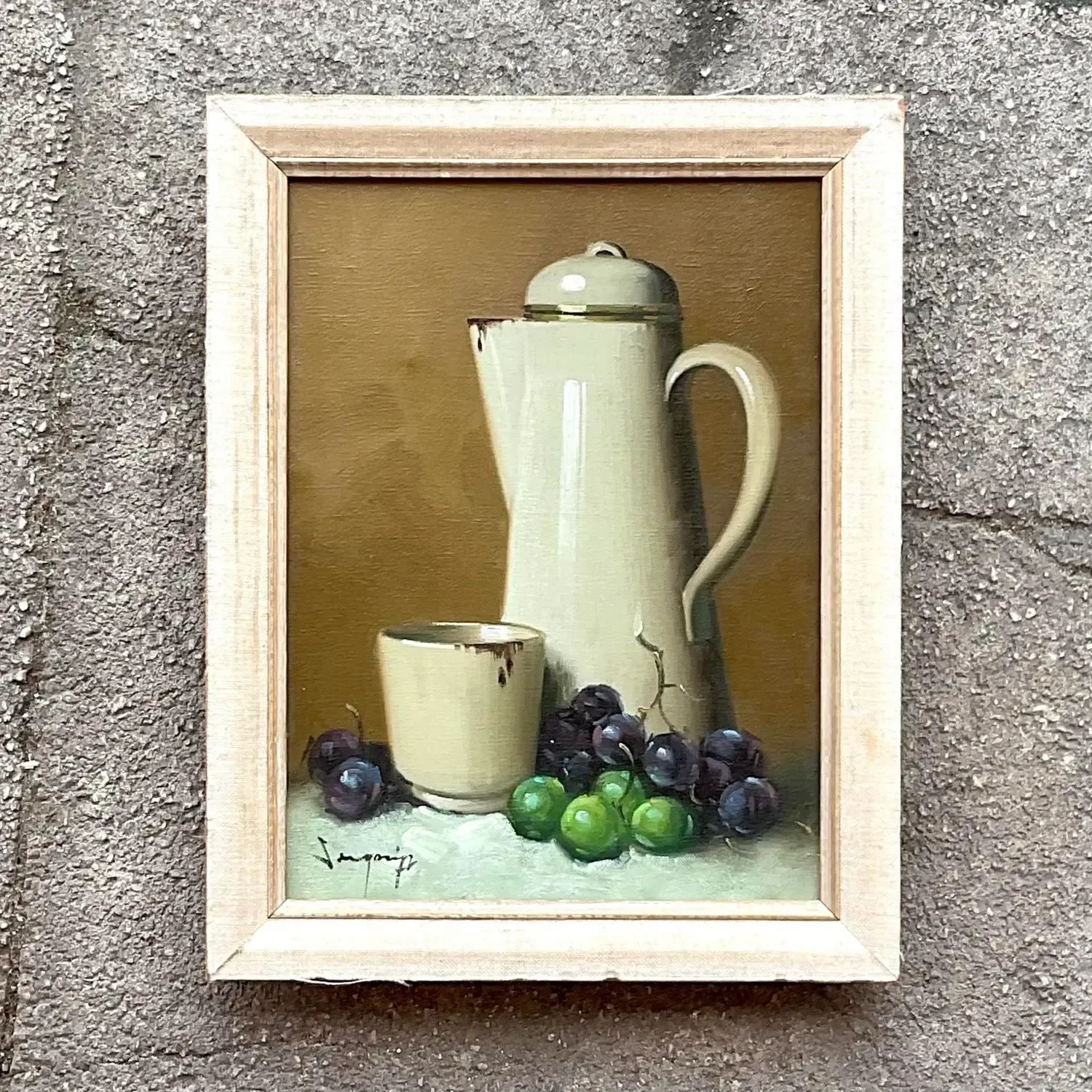 Vintage Boho Coffee Pot Still Life Original Oil on Canvas Painting — additional photo 4