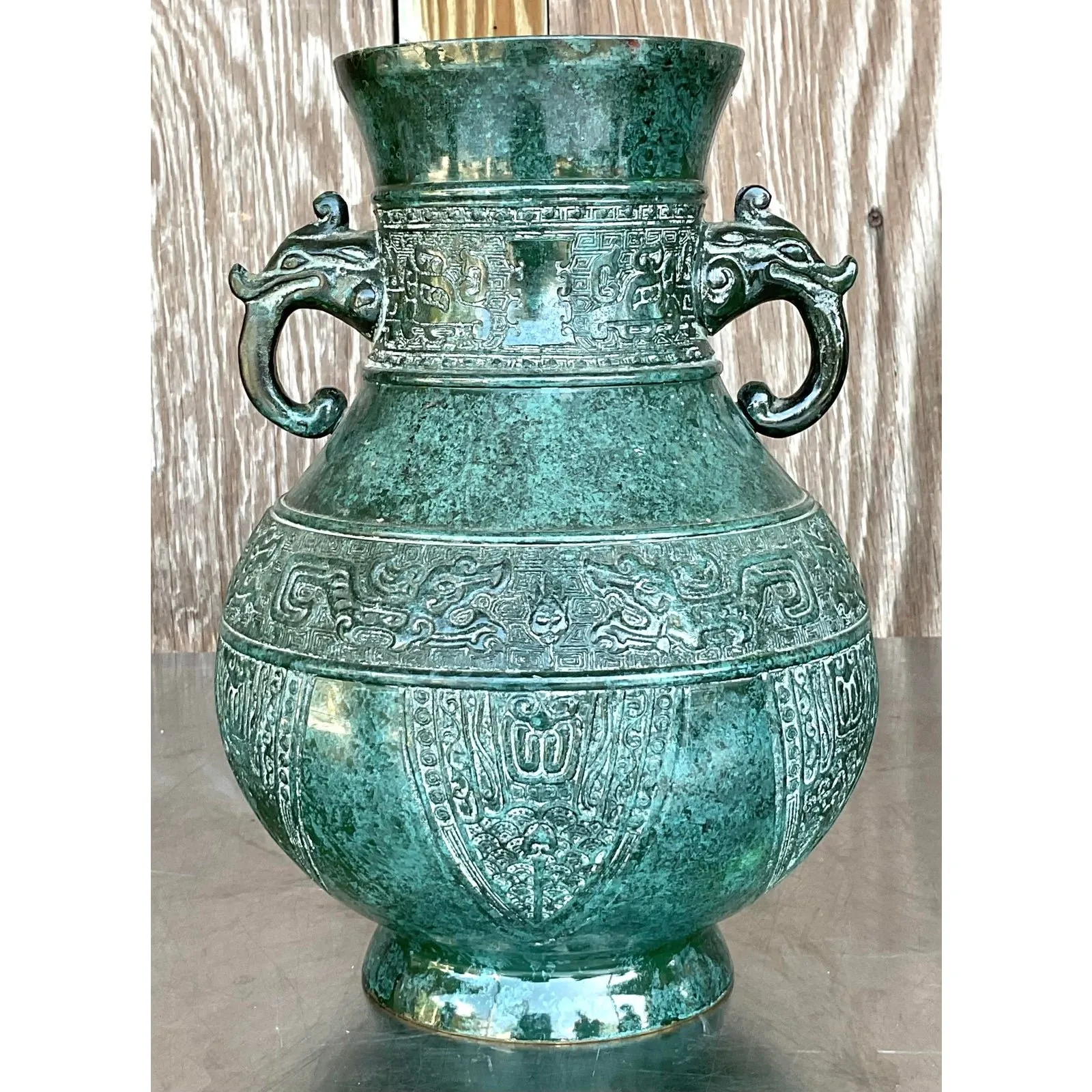 Vintage Boho Double Elephant Patinated Metal Vase — additional photo 5