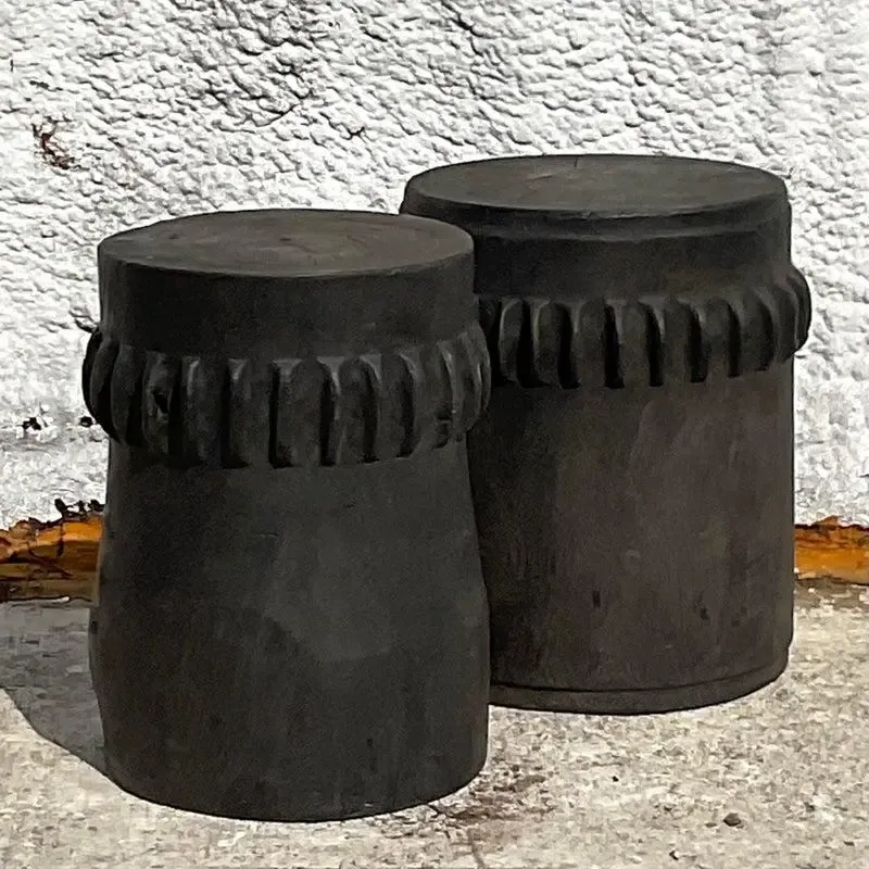 Vintage Boho Ebony Paddle Stump Low Stools - A Pair — additional photo 3