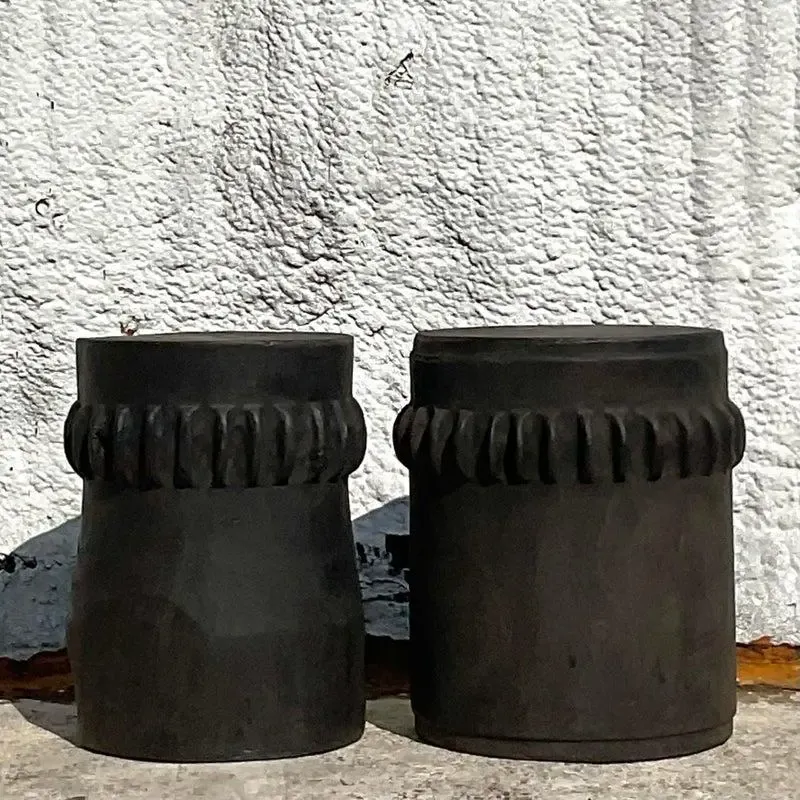 Vintage Boho Ebony Paddle Stump Low Stools - A Pair — additional photo 1