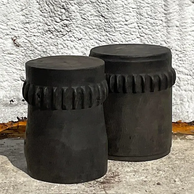 Vintage Boho Ebony Paddle Stump Low Stools - A Pair — additional photo 5