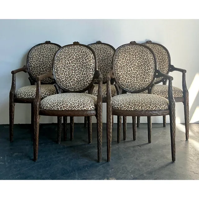 Vintage Boho Faux Bois Leopard Dining Chairs - Set of 5 — additional photo 8