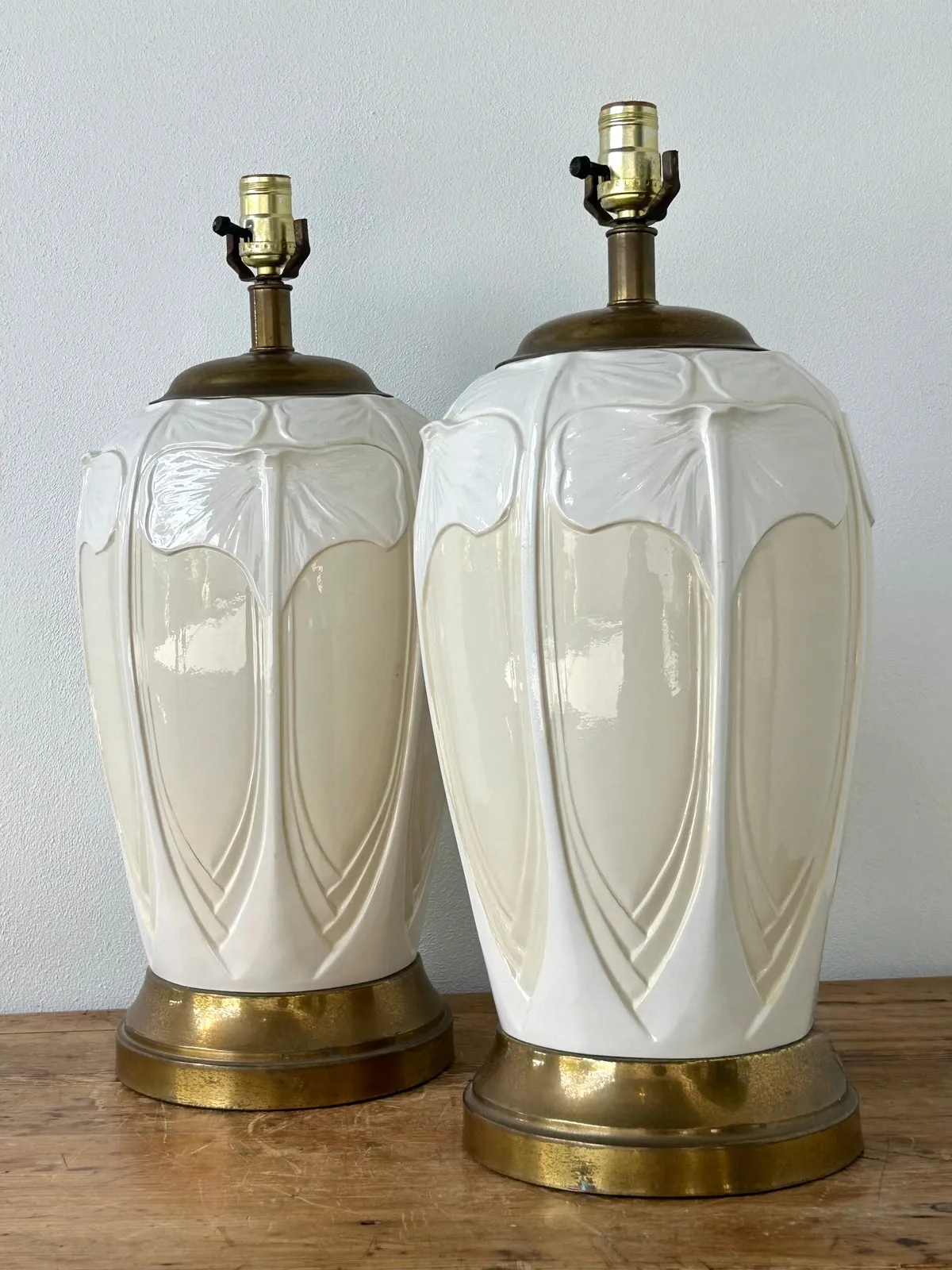 Vintage Boho Frederick Cooper Ginkgo Glazed Ceramic Lamps - A Pair