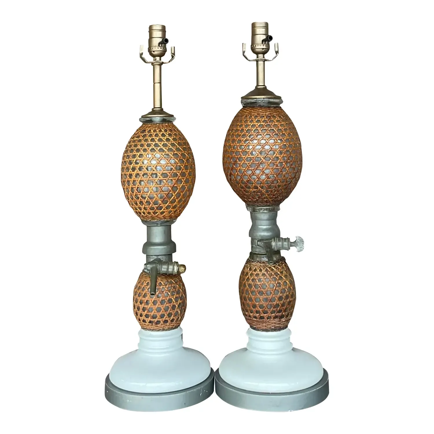 Vintage Boho French “Briet Brevete” Rattan and Glass Lamps - a Pair — additional photo 1