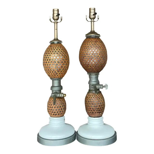 Vintage Boho French “Briet Brevete” Rattan and Glass Lamps - a Pair — additional photo 1
