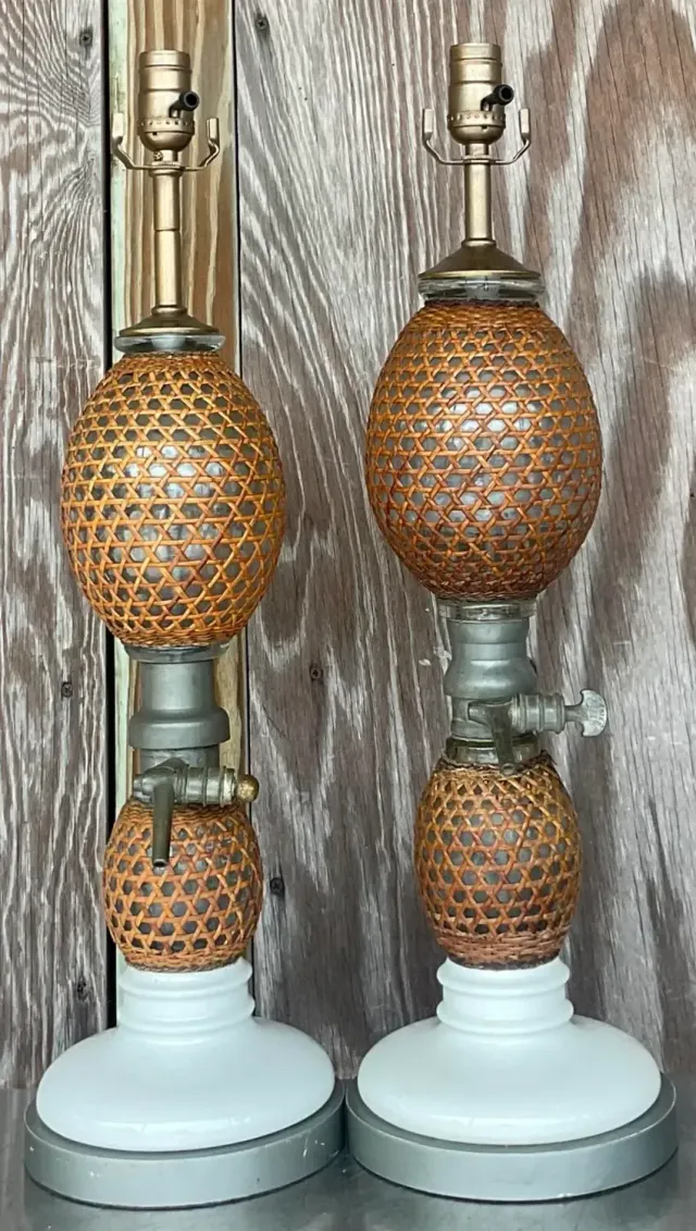 Vintage Boho French “Briet Brevete” Rattan and Glass Lamps - a Pair — additional photo 2