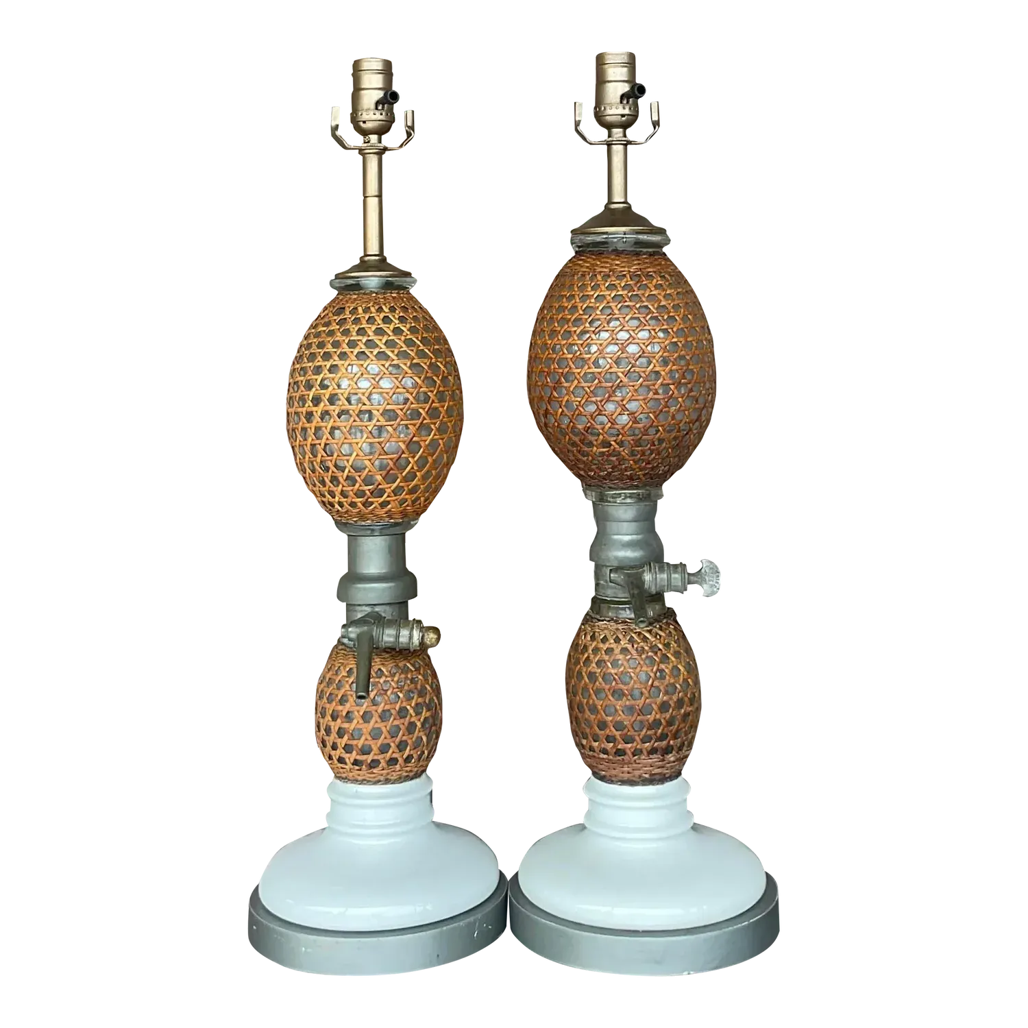 Vintage Boho French “Briet Brevete” Rattan and Glass Lamps - a Pair — additional photo 3