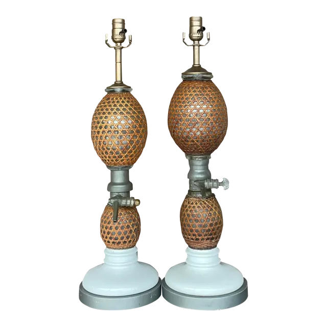 Vintage Boho French “Briet Brevete” Rattan and Glass Lamps - a Pair — additional photo 3