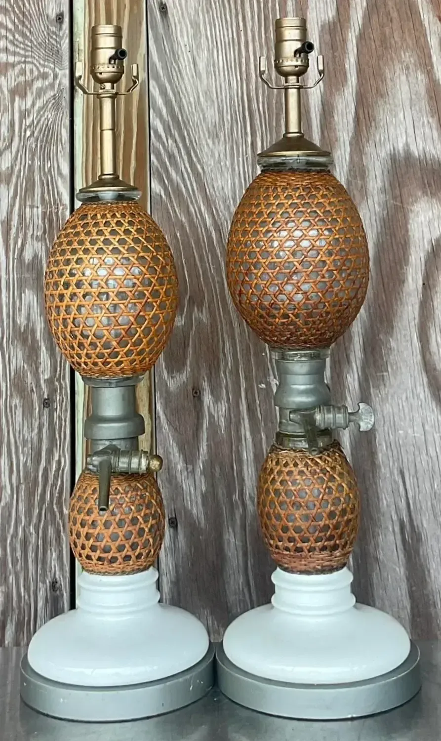 Vintage Boho French “Briet Brevete” Rattan and Glass Lamps - a Pair — additional photo 6