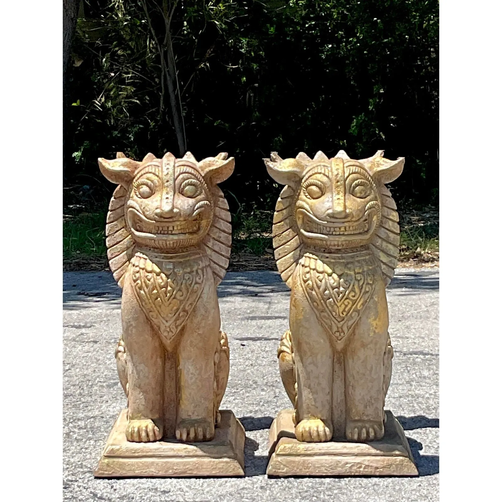 Vintage Boho Gilt Plaster Over Wood Foo Dogs - A Pair — additional photo 2