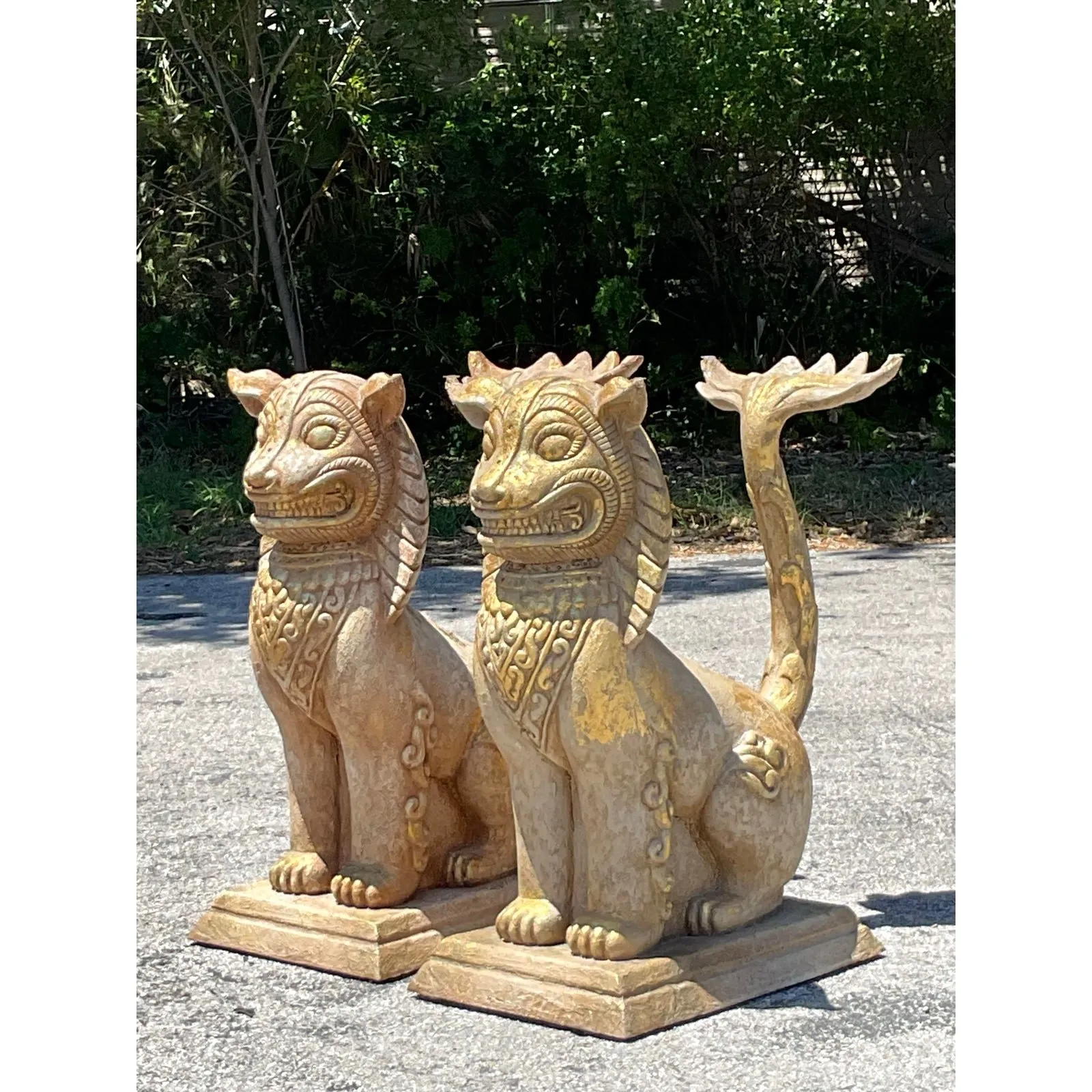 Vintage Boho Gilt Plaster Over Wood Foo Dogs - A Pair — additional photo 3