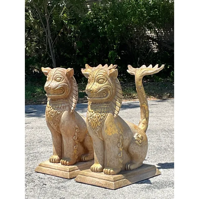 Vintage Boho Gilt Plaster Over Wood Foo Dogs - A Pair — additional photo 3