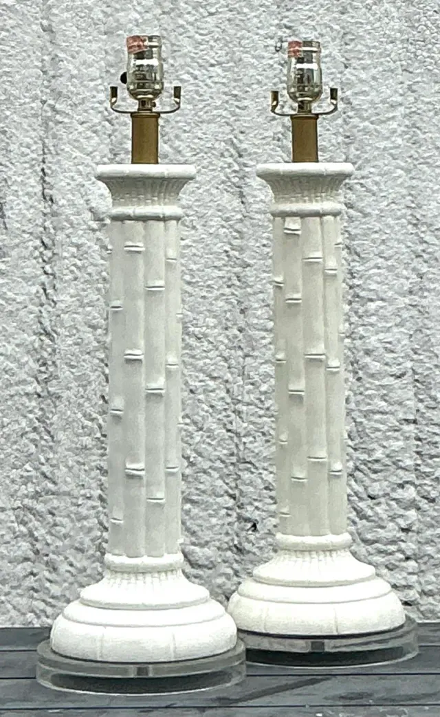 Vintage Boho Glazed Ceramic Bamboo Lamps - a Pair — additional photo 2