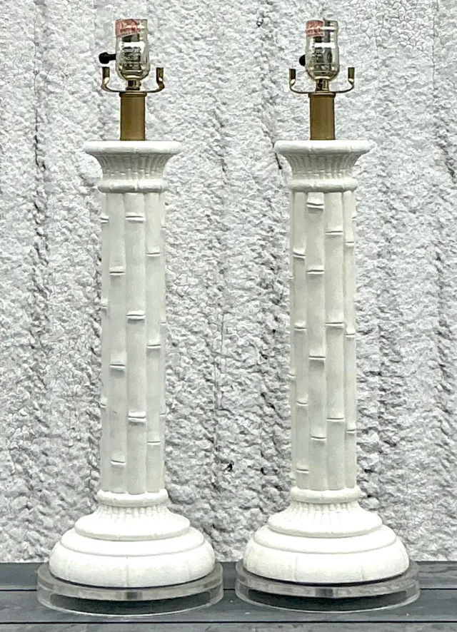 Vintage Boho Glazed Ceramic Bamboo Lamps - a Pair — additional photo 3