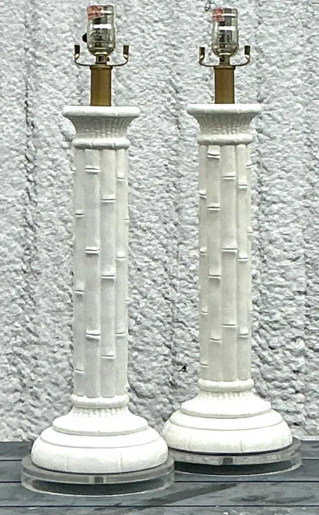 Vintage Boho Glazed Ceramic Bamboo Lamps - a Pair — additional photo 6