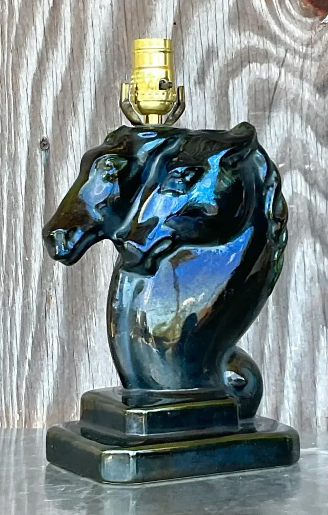 Vintage Boho Glazed Ceramic Double Horse Head Lamp — additional photo 2