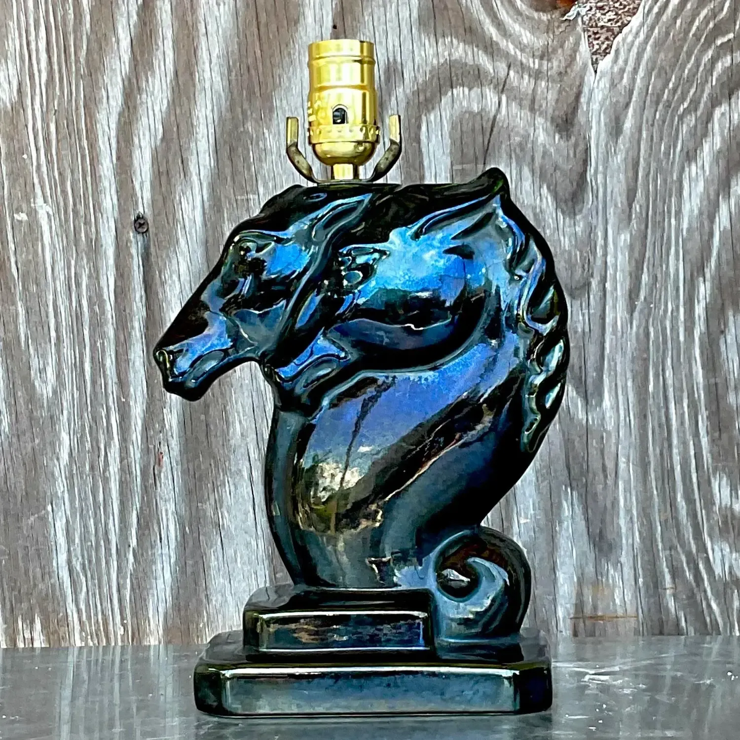 Vintage Boho Glazed Ceramic Double Horse Head Lamp — additional photo 4